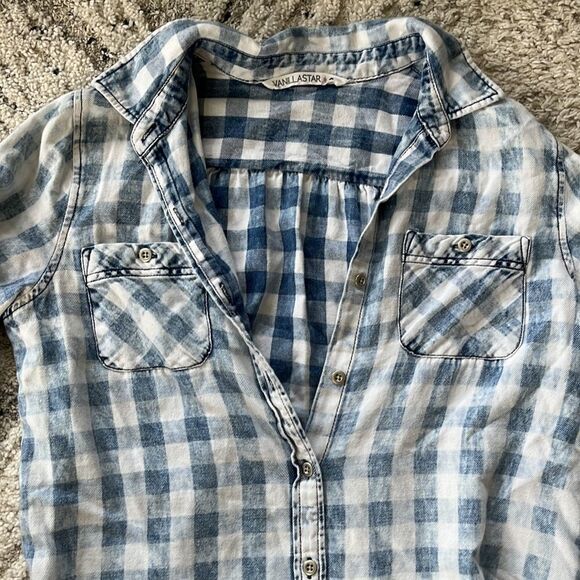 Faded Blue & White Plaid Button Up Flannel Type Shirt - Picture 2 of 3